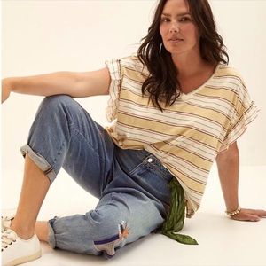 Anthropologie Pilcro Ruffle Relaxed Striped Short Sleeve Vneck Oversized Tee